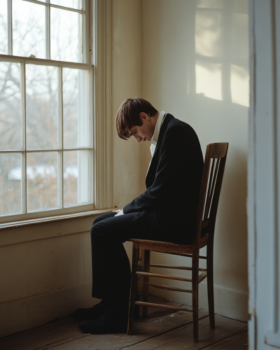 Man in black suit sitting by window in old home.