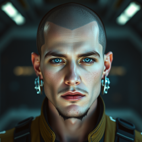 Man in futuristic cyberpunk outfit without hair.