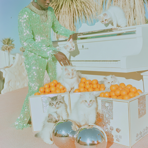 Man in green dress unpacking oranges with fluffy kittens.