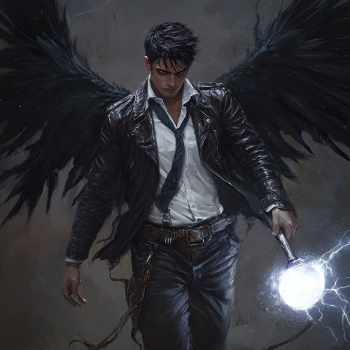 Man in leather jacket, white shirt and tie, khaki pants, dark-haired holding large glowing meteor hammer, huge black raven wings.