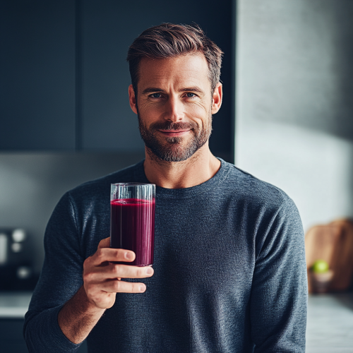 Man in mid-30s in kitchen with beet juice. Man in mid-30s in kitchen with beet juice.