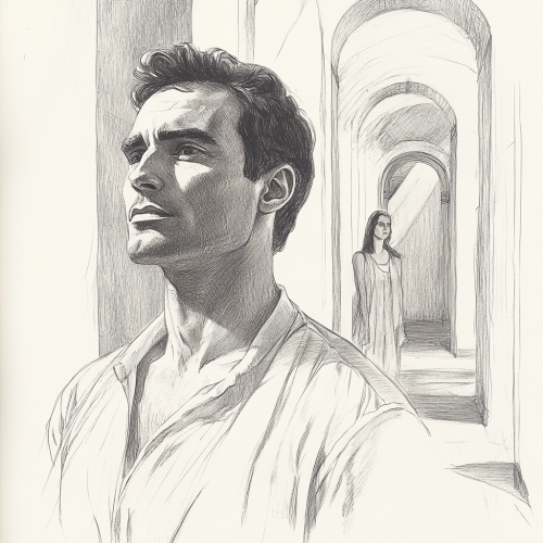 Man in solarium, woman watches him from doorway. Sketch.