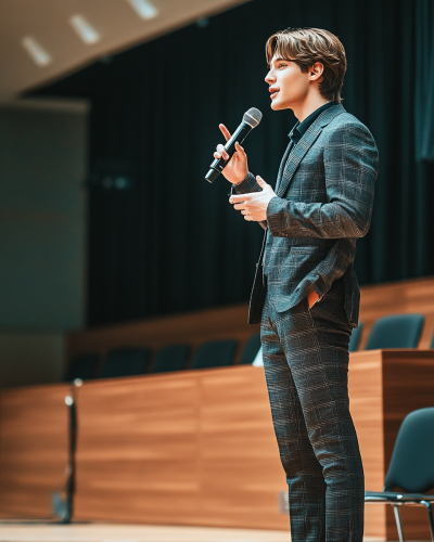 Man in suit speaking on stage with microphone Man in suit speaking on stage with microphone