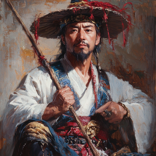 Man in traditional Chinese attire holding a ju.