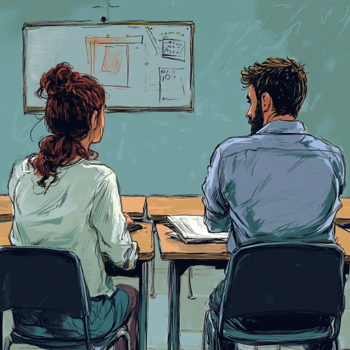 Man investigates, woman distracted in classroom due to patriarchy.