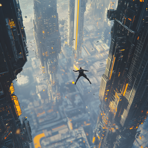 Man jumping high in futuristic city skyline