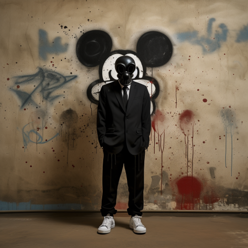 Man model in post atomic Mickey Mouse mask.