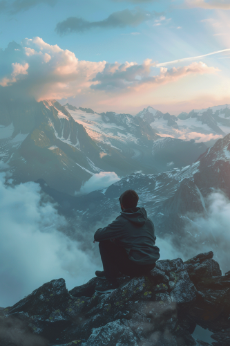 Man on mountain peak, deep reflection, solitude and hope.