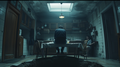 Man on the Edge of Abyss, Family in Kitchen