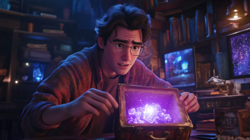 Man opening treasure chest in peaceful room setting.