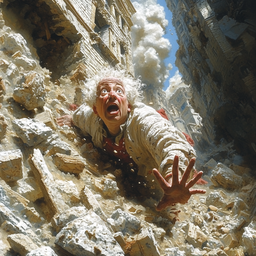 Man pulls lever in old workshop, struggle evident.