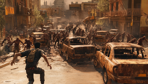 Man running from zombies in ruined city scene