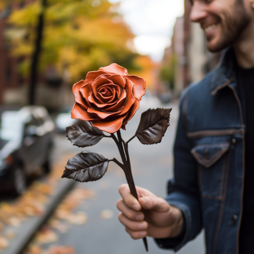 Man smiling, holding chocolate rose bouquet, walking in Bronx. Man smiling, holding chocolate rose bouquet, walking in Bronx.