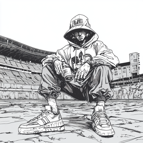 Man squatting with alcohol bottle in front of stadium.