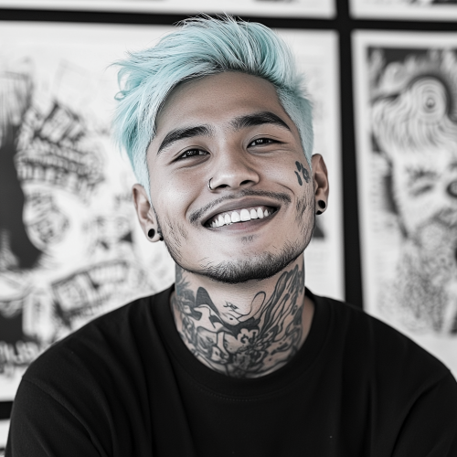 Man with blue hair, tattoos, piercings, smiling, graphic design.
