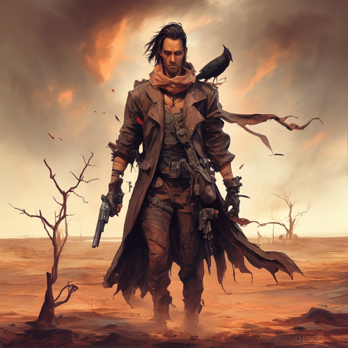 Man with sword and gun, demon crow, desert landscape.