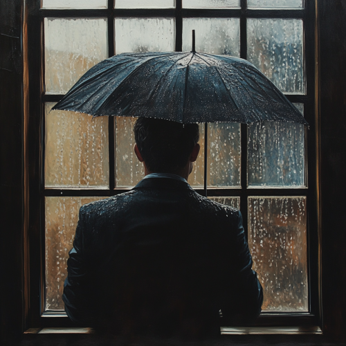 Man with umbrella looks at rain through window