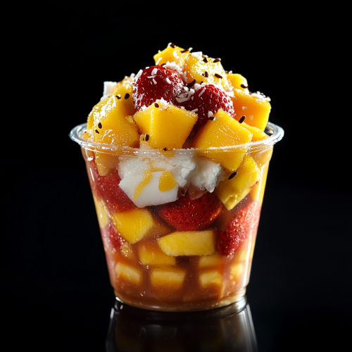 Mango, coconut, strawberry in clear cup, black background.