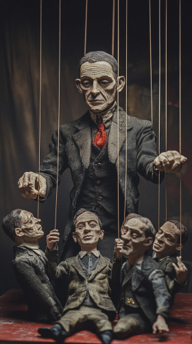 Manipulative person controls others with puppet strings, dramatic setting.