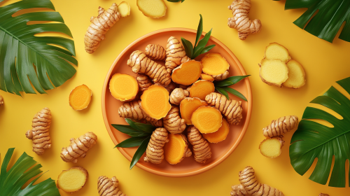 Turmeric and ginger roots on a plate