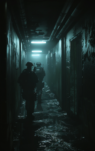 Marines shoot in spaceship hallway. Inspired by 1986 film.