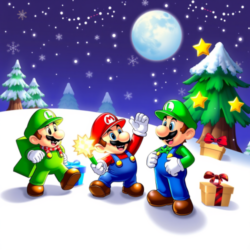 Mario Brothers Celebrating Christmas with Colorful Background