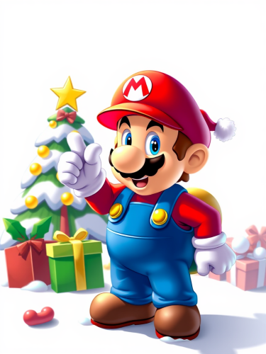 Mario Celebrating Christmas on a White Background