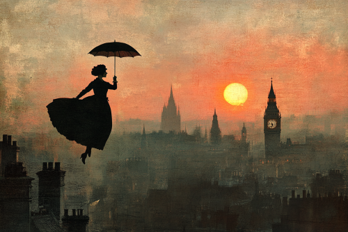 Mary Poppins flies with umbrella over London rooftops.