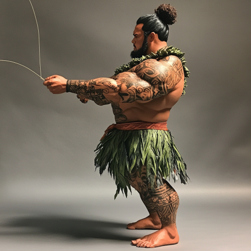 Maui, Polynesian god in traditional attire fishing