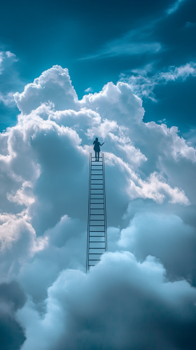 Maya climbs corporate ladder facing ethical challenges. Sky background.