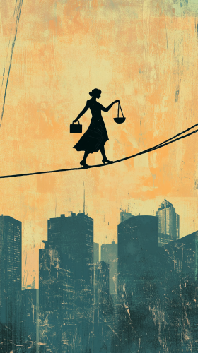 Maya walking on tightrope above cityscape with scale.