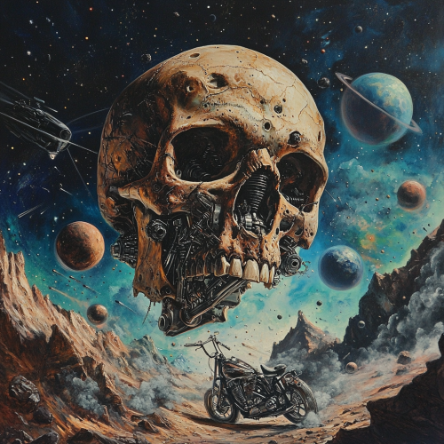Mechanical skull floating in space with planets
