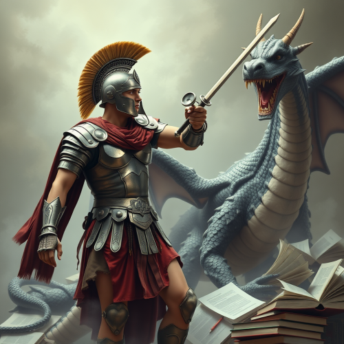 Medical Student Battles Textbook Dragon with Stethoscope