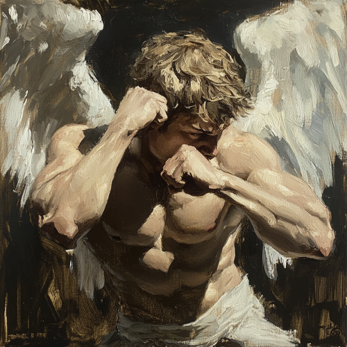 Medieval Male Angel Oil Painting with Flared Wings Medieval Male Angel Oil Painting with Flared Wings