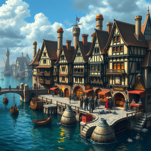 Medieval Port City with Boats, Knights, and Vendors