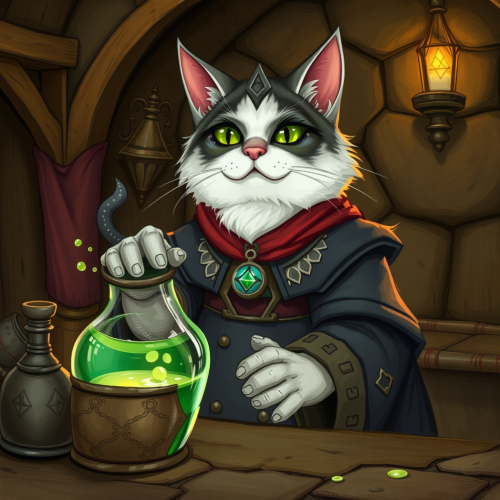 Medieval cat sells magic potion in fantasy world.