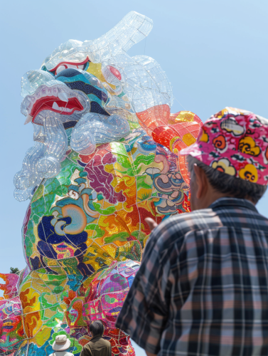 Medieval farmer gazes up at colossal samurai warrior. Medieval farmer gazes up at colossal samurai warrior.