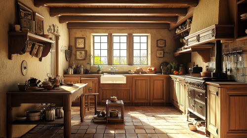 Medieval kitchen with classic design, detailed and realistic.