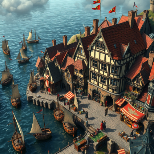Medieval port town with ships, buildings, and stalls.