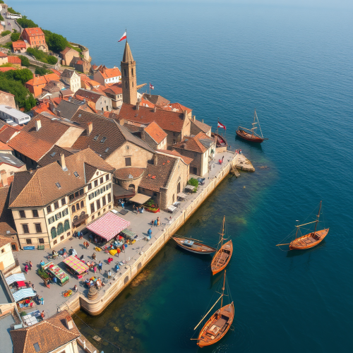 Medieval town near bay with ships and vendors.