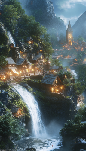 Medieval village near magical waterfall in enchanted valley. Medieval village near magical waterfall in enchanted valley.
