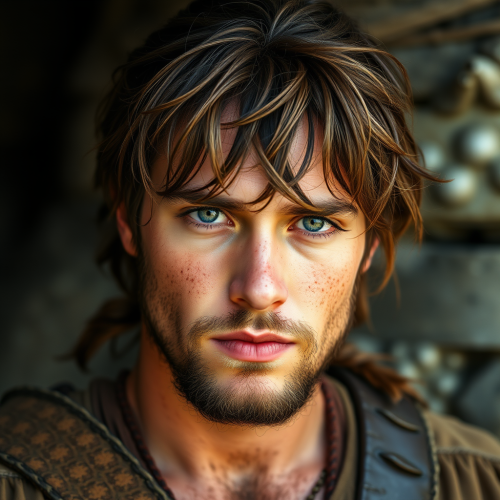 Medieval young man with brown hair and dirt.