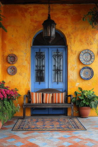 Mediterranean-themed room with vibrant walls and traditional decor.