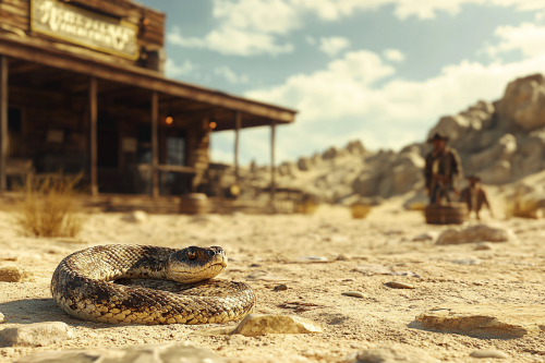 Medium shot of rattlesnake in Texas desert, spooky saloon.