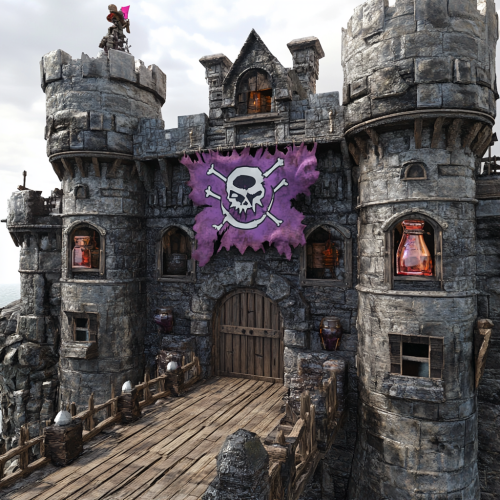 Medium sized pirate castle made of rugged bricks and wood.