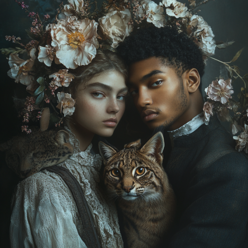 Men and women pose with wild cats and flowers