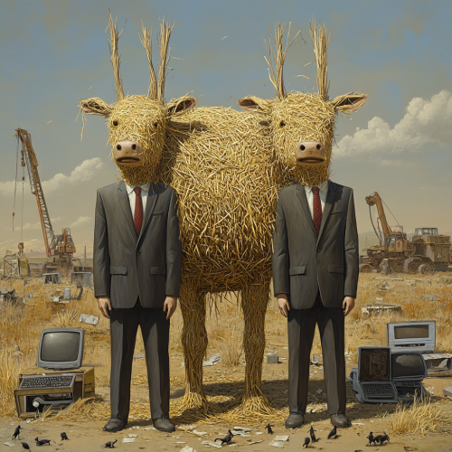 Men in suits with twig heads worship golden calf.