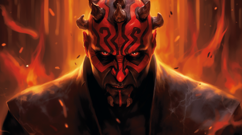 Menacing Darth Maul with fiery backdrop