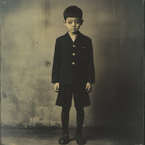 Menacing Japanese school boy with evil glowing eyes