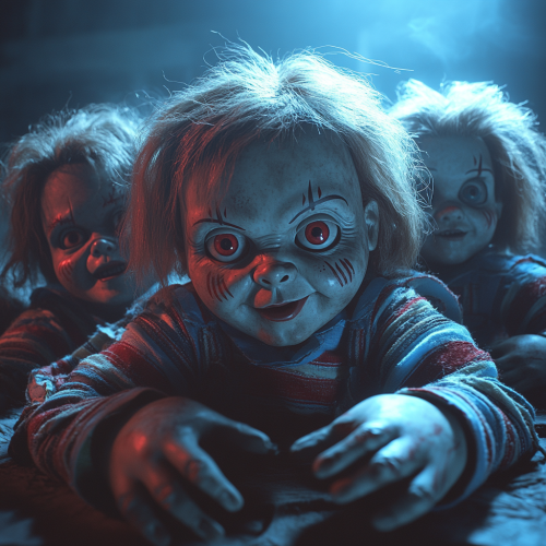 Menacing chucky dolls in eerie 90s horror composition.